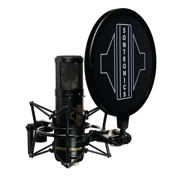 Image on white background of a large cylindrical Sontronics black STC-2 microphone sitting in its spider shockmount facing to the right with the black circular nylon-mesh popshield in front of it showing the large white Sontronics logo 