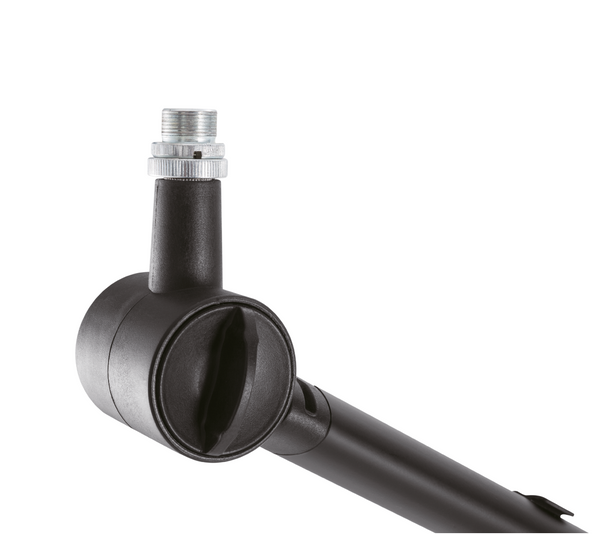 A close-up image on a white background of the microphone mounting connector at the end of a Sontronics Elevate stand, with a silver threaded adaptor on the end
