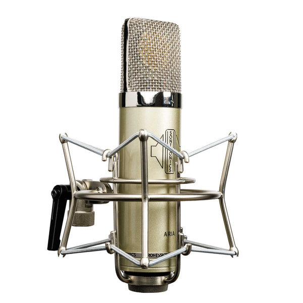 Image on white background of a Sontronics Aria microphone in its spider-style shockmount facing to the right. The silver-champagne coloured cylindrical body of the microphone has a black engraved Sontronics logo and Aria name on the front, and the top section is a silver ring above which is the steel mesh grille through which the gold circular capsule is visible