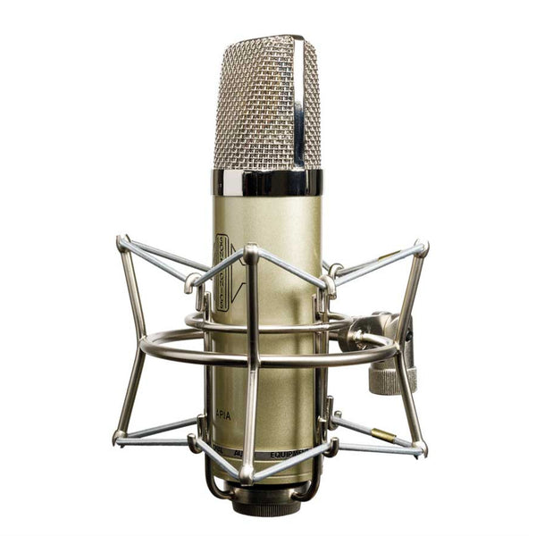 Image on white background of a Sontronics Aria microphone in its spider-style shockmount facing to the left. The silver-champagne coloured cylindrical body of the microphone has a black engraved Sontronics logo and Aria name on the front, and the top section is a silver ring above which is the steel mesh grille through which the gold circular capsule is visible