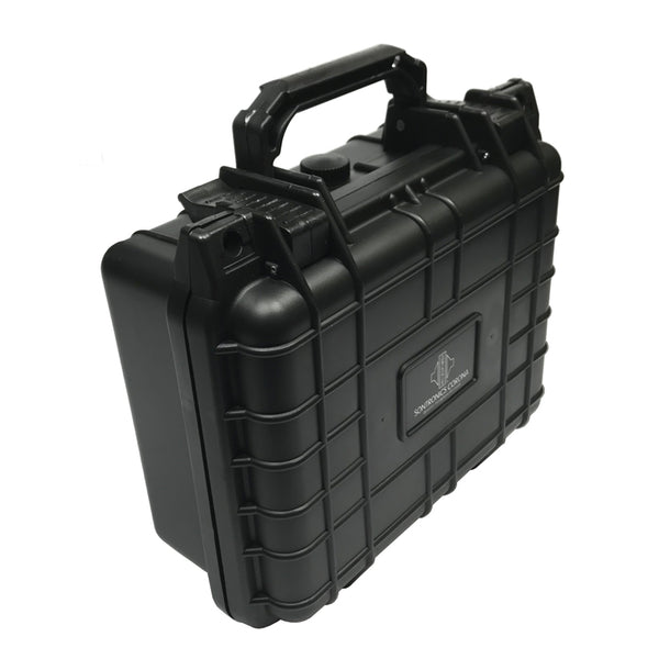 Image on black background of a black rugged plastic flightcase with the handled lifted upwards and the Sontronics Corona badge on the front of the case