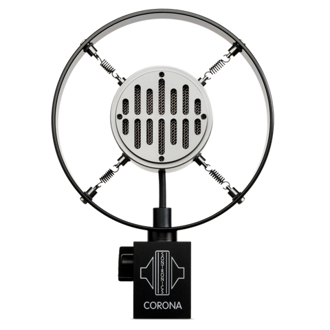 Image on white background of Sontronics Corona microphone, with a small black rectangle body showing the Sontronics logo and Corona name in silver, on top of this is a large black ring with four inner springs diagonally supporting the central capsule body with the recognisable vintage-style front grille.