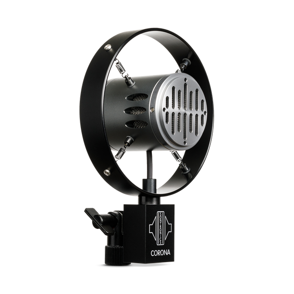 Image on white background of a Sontronics Corona microphone with its recognisable Art Deco styling and outer ring with four springs design, facing to the right