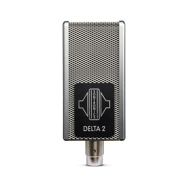 Image on white background of the front of a Sontronics Delta 2 microphone out of its shockmount, showing the front silver grille mesh and a black plate with silver engraved logo and 'Delta 2' name