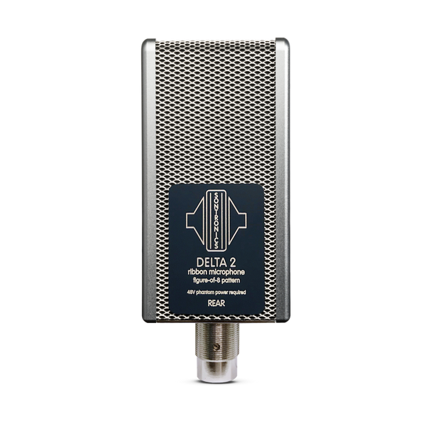 Image on white background of the rear of a Sontronics Delta 2 microphone out of its shockmount, showing the silver grille mesh and a black plate with silver engraved logo and the words 'Delta 2 ribbon microphone figure-of-8 pattern 48V phantom power required' and in capitals 'REAR'
