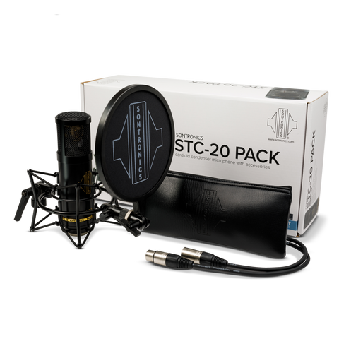 Image on white background of the contents of a Sontronics STC-20 Pack in front of its white box, from left to right, the STC-20 black microphone with gold lettering facing to the right and sitting in its spider shockmout with the popshield attachment in front of it showing the white Sontronics logo, the leather-style zip-up storage pouch and a black XLR cable with the two silver connectors pointing back towards the microphone