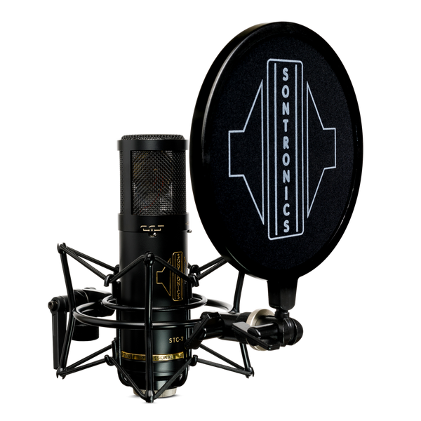 Image on white background of a large cylindrical Sontronics black STC-3X microphone sitting in its spider shockmount facing to the right with the black circular nylon-mesh popshield in front of it showing the large white Sontronics logo 