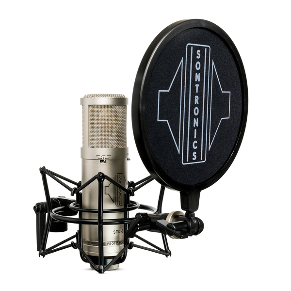 Image on white background of a large cylindrical Sontronics silver STC-3X microphone sitting in its spider shockmount facing to the right with the black circular nylon-mesh popshield in front of it showing the large white Sontronics logo 
