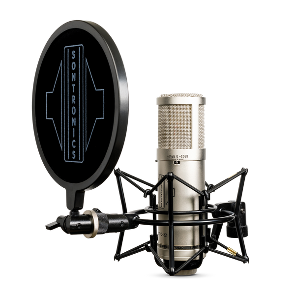 Image on white background of a large cylindrical Sontronics silver STC-3X microphone sitting in its spider shockmount facing to the left with the black circular nylon-mesh popshield in front of it showing the large white Sontronics logo 