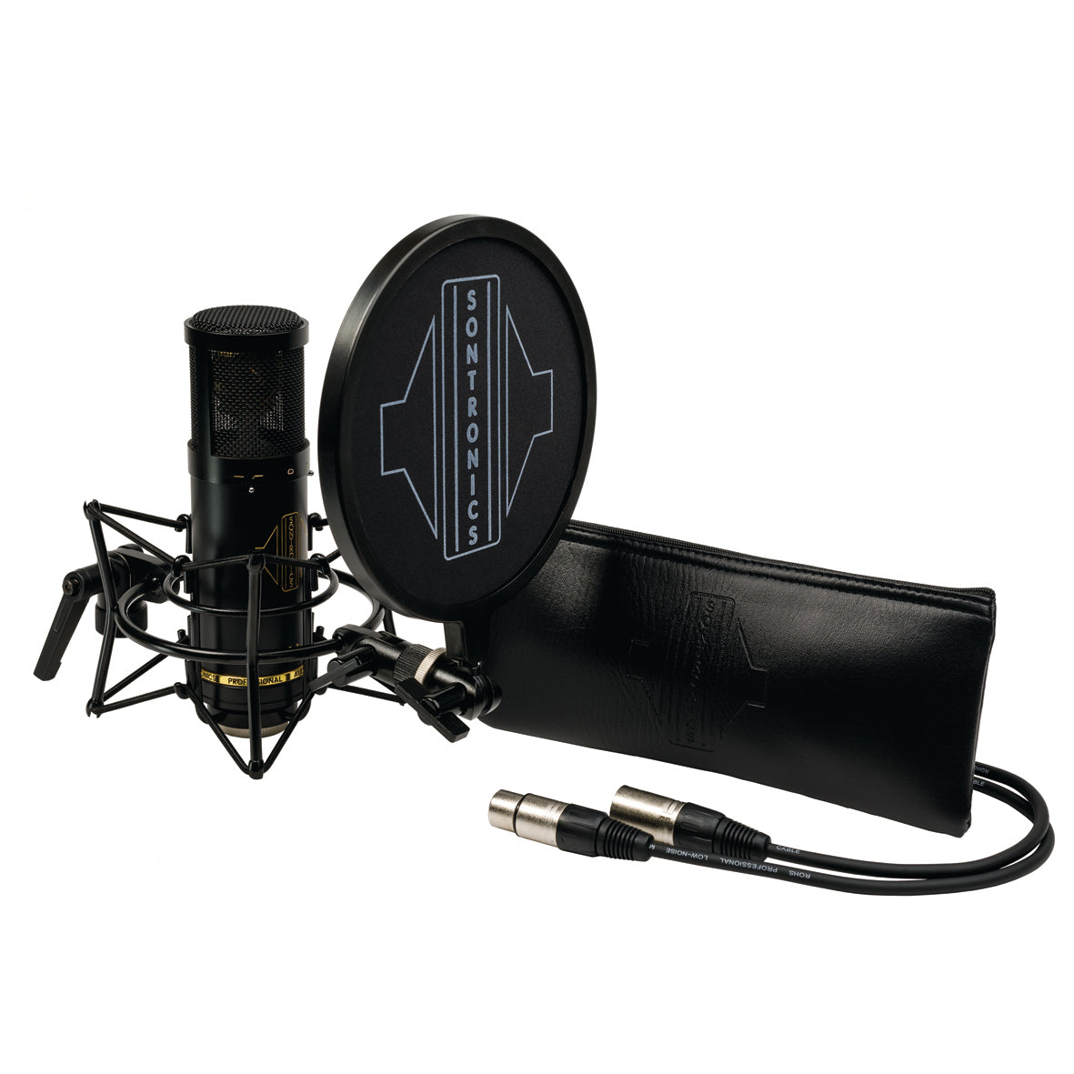 Image on white background of the contents of the Sontronics STC-2 Pack, from left to right: the black STC-2 microphone with gold lettering facing to the right and sitting in its spider shockmount with the black nylon-mesh popshield with a large white Sontronics logo in front of it; the long rectangular leather-look zip-up pouch with the embossed Sontronics logo on the front of it; and coming from behind the pouch, the black XLR cable showing the two silver XLR connectors