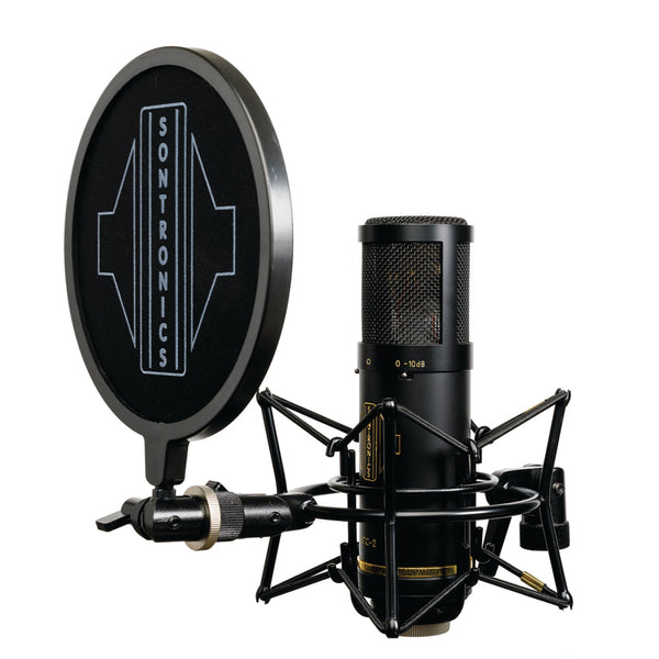 Image on white background of a large cylindrical Sontronics black STC-2 microphone sitting in its spider shockmount facing to the left with the black circular nylon-mesh popshield in front of it showing the large white Sontronics logo 