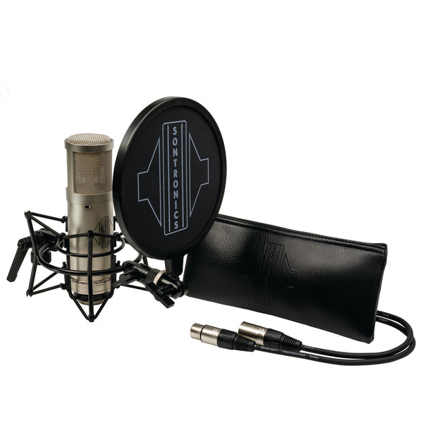 Image on white background of the contents of the Sontronics STC-2 Pack, from left to right: the silver STC-2 microphone with black lettering facing to the right and sitting in its spider shockmount with the black nylon-mesh popshield with a large white Sontronics logo in front of it; the long rectangular leather-look zip-up pouch with the embossed Sontronics logo on the front of it; and coming from behind the pouch, the black XLR cable showing the two silver XLR connectors