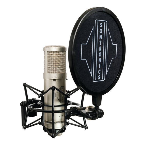 Image on white background of a large cylindrical Sontronics silver STC-2 microphone sitting in its spider shockmount facing to the right with the black circular nylon-mesh popshield in front of it showing the large white Sontronics logo 