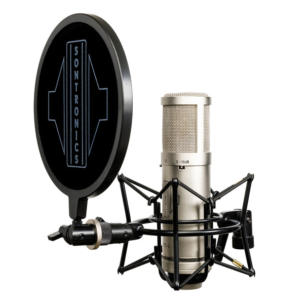 Image on white background of a large cylindrical Sontronics silver STC-2 microphone sitting in its spider shockmount facing to the left with the black circular nylon-mesh popshield in front of it showing the large white Sontronics logo 