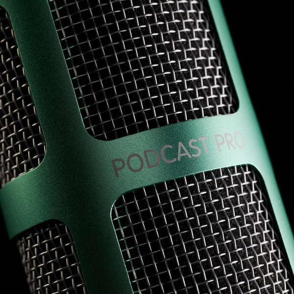 A close-up image on black background in dark light showing the Sontronics Podcast Pro microphone in green, with the green casing, the laser-engraved name 'Podcast Pro' and the stainless steel grille with the acoustic foam inside