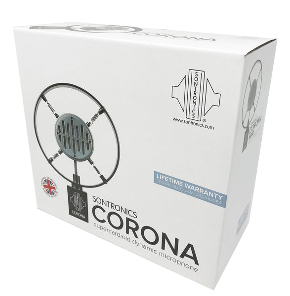 Image on white background of a Sontronics Corona box. The carton is mainly white with a photo of the microphone facing forward on the front of the box, together with the Sontronics Corona name, the Sontronics logo, a blue bar that says "lifetime warranty covers all our microphones" and a circular Union Jack logo with the words 'designed, developed and made in the UK' positioned around the circle