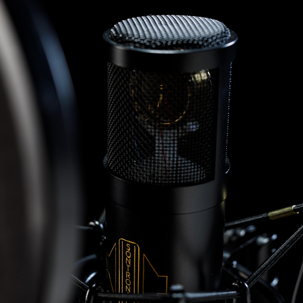 A close-up image on black background showing the body and mesh grille of the cylindrical Sontronics STC-20 microphone with the gold capsule visible inside