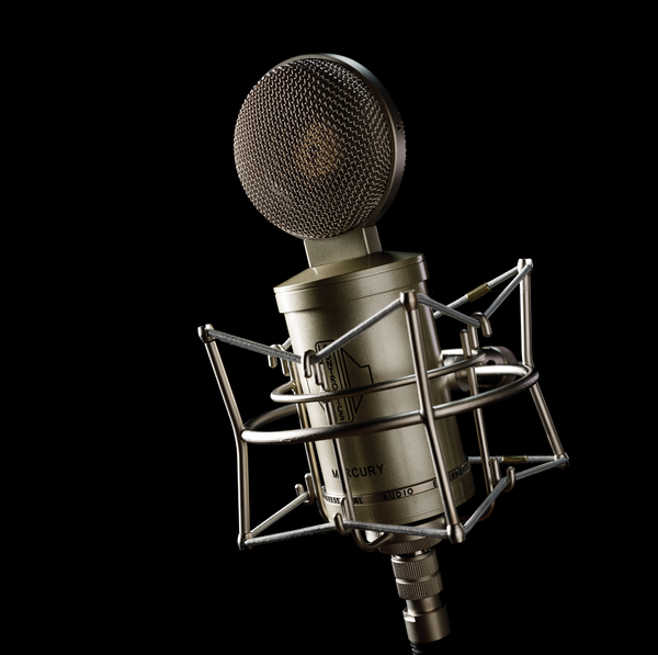 An image on black background showing a Sontronics Mercury microphone in its shockmount coming out of the shadows, tilted forward and facing to the left