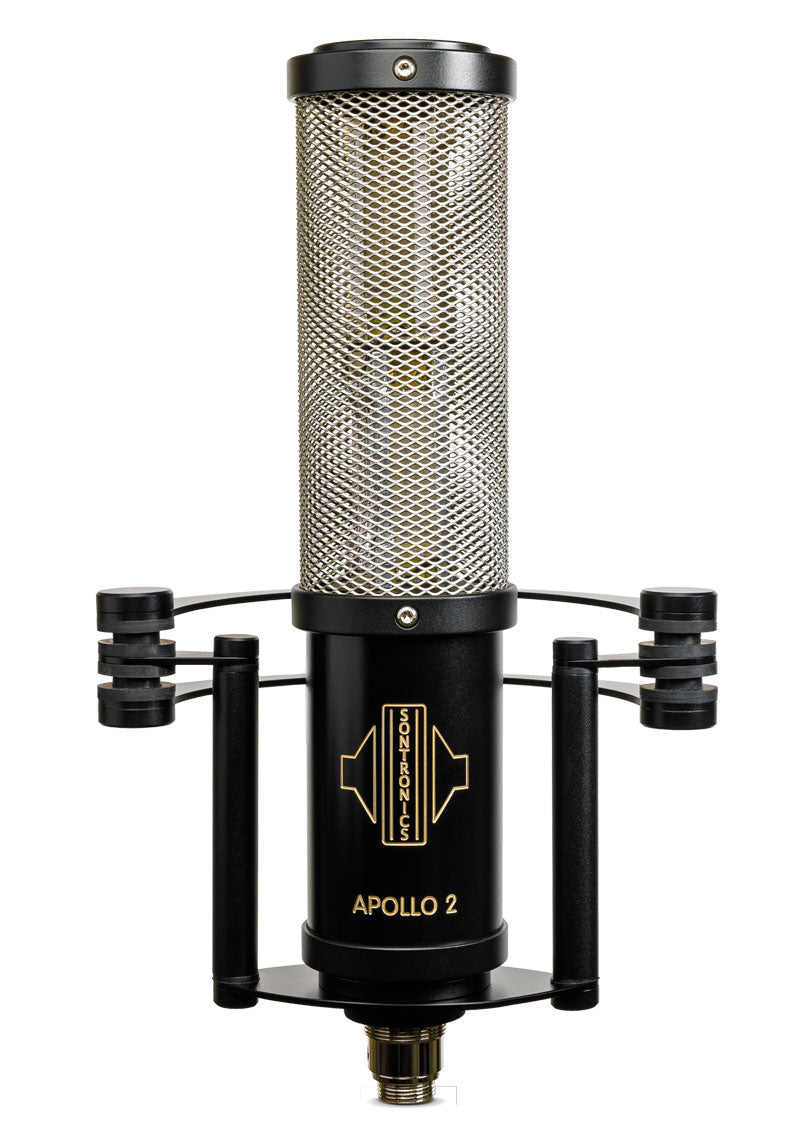 Image on a white background of a tall cylindrical Sontronics Apollo 2 microphone sitting in its shockmount cradle. The lower third of the microphone is solid black with the Apollo 2 name and Sontronics logo engraving through to the brass while the top two thirds is a mesh cylinder through which the two ribbon motors can just be seen