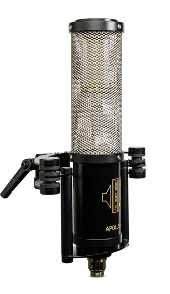Image on a white background of a tall cylindrical Sontronics Apollo 2 microphone sitting in its shockmount cradle facing to the right. The lower third of the microphone is solid black with the Apollo 2 name and Sontronics logo engraving through to the brass while the top two thirds is a mesh cylinder through which the two ribbon motors can just be seen