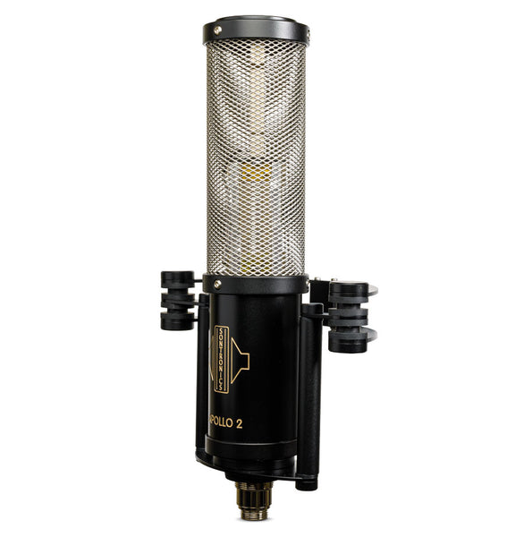 Image on a white background of a tall cylindrical Sontronics Apollo 2 microphone sitting in its shockmount cradle facing to the left. The lower third of the microphone is solid black with the Apollo 2 name and Sontronics logo engraving through to the brass while the top two thirds is a mesh cylinder through which the two ribbon motors can just be seen