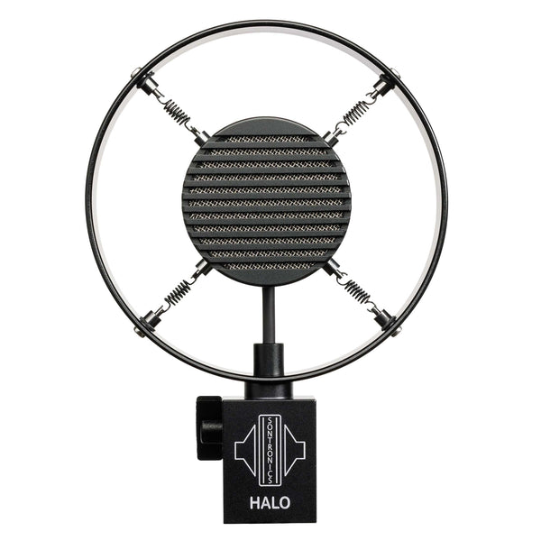 An image of a white background of a Sontronics Halo microphone with a centre grille connected via four springs to a larger outer black ring, all sitting above a rectangular black microphone body showing the Halo name and the Sontronics logo