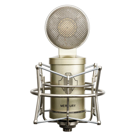 An image on a white background of a silver-champagne coloured Sontronics Mercury microphone with a circular grille head on a chunky cylindrical body set in a spider-style metal and elastic shockmount with the name Mercury and the Sontronics logo on the front