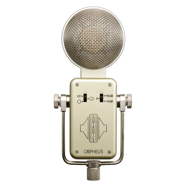 Image on white background of silver-champagne coloured Sontronics Orpheus microphone facing forwards, with the rectangular body sitting in a U-shaped bracket. On the body is the Orpheus name engraved and coloured black at the bottom, above which is the Sontronics logo and the pattern selector switch above left and the pad/boost switch above right. On top of the body is the spherical large grille through which the circular gold capsule is just visible