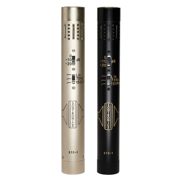 Image on white background of two Sontronics STC-1 pencil style microphones, on the left a silver mic with black lettering and on the right a black mic with gold lettering