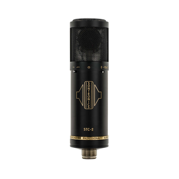 Image on white background of black Sontronics STC-2 microphone, large cylindrical in shape with gold logo and gold STC-2 lettering and a gold ring around the base with black letters that read "Sontronics Professional Audio". At the top of the microphone is a mesh grille through which the circular capsule is visible inside