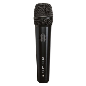 Image on white background of Sontronics Solo black dynamic microphone with shiny black body with the word Solo and the Sontronics logo engraved and the top black metal grille with the black band around it
