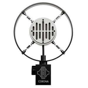 Image on white background of Sontronics Corona microphone, with a small black rectangle body showing the Sontronics logo and Corona name in silver, on top of this is a large black ring with four inner springs diagonally supporting the central capsule body with the recognisable vintage-style front grille.