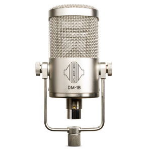 An image on white blackground of a silver-champagne coloured Sontronics DM-1B microphone, its chunky cylindrical body sitting in a U-shaped yoke mount that fixes with two thumbscrews to the right and left. The upper two-thirds of the mic is a grille mesh head through which can just be see the horizontally mounted capsule