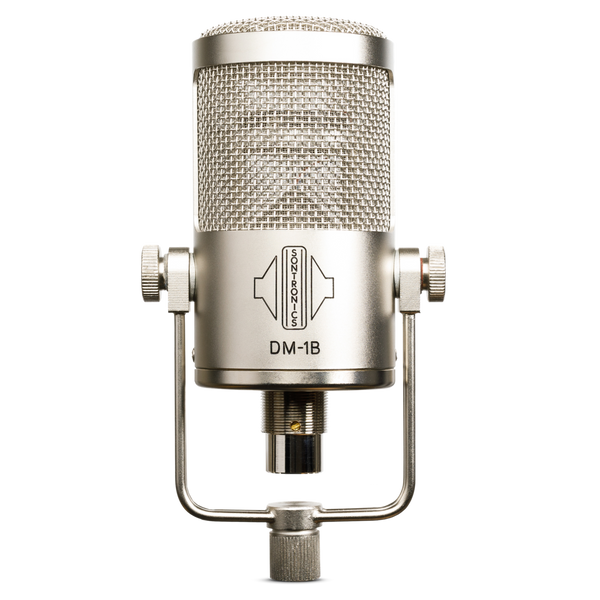 An image on white blackground of a silver-champagne coloured Sontronics DM-1B microphone, its chunky cylindrical body sitting in a U-shaped yoke mount that fixes with two thumbscrews to the right and left. The upper two-thirds of the mic is a grille mesh head through which can just be see the horizontally mounted capsule