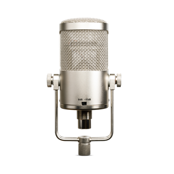 An image on white blackground of a silver-champagne coloured Sontronics DM-1B microphone. We can see the rear of the microphone and in the bottom centre of the body is a black switch with black lettering above it that reads 0dB and -15dB