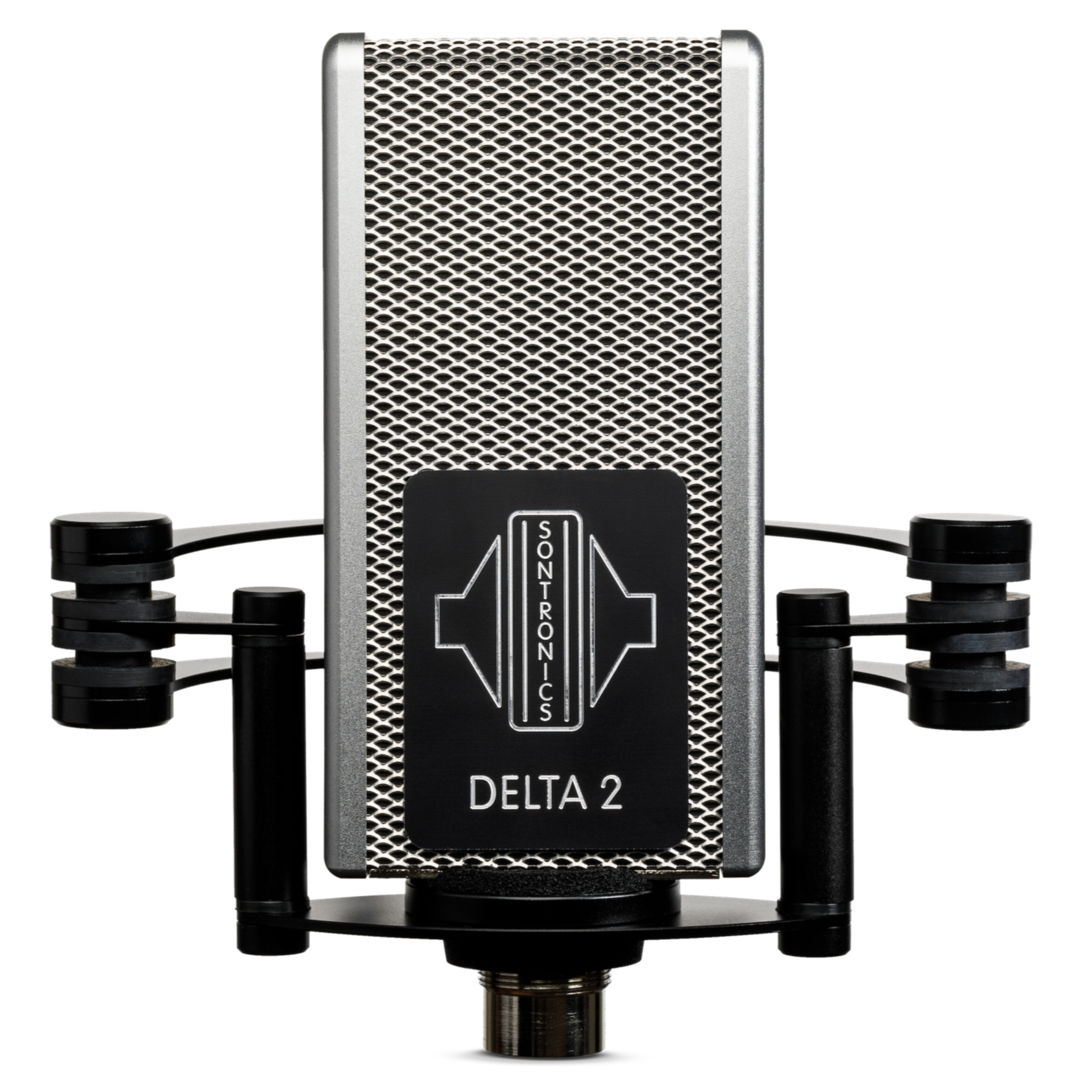 Image on white background of Sontronics Delta 2 microphone facing forwards. The rectangular body with its silver mesh grille and silver side panels has a black plate on the front engraved with a silver logo and silver 'Delta 2' name. The microphone sits in its shockmount with two side supports and rear arcs