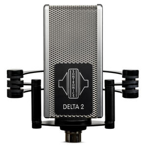 Image on white background of Sontronics Delta 2 microphone facing forwards. The rectangular body with its silver mesh grille and silver side panels has a black plate on the front engraved with a silver logo and silver 'Delta 2' name. The microphone sits in its shockmount with two side supports and rear arcs