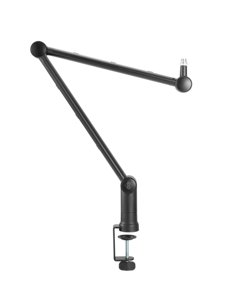 An image on white background of the Sontronics Elevate microphone stand, showing at the centre bottom of the picture the clamp that fits on to a desk above which is the short upright section with a Sontronics logo on the circular joint that connects to the first long arm of the mic which goes up to the right to another circular joint which meets the third arm which is bent back town and to the right, and this meets another joint on which sits the microphone connector