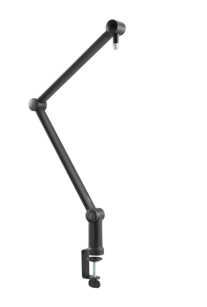 An image of the Sontronics Elevate angled microphone stand on a white background, facing towards the right and showing the stand at its full height extension