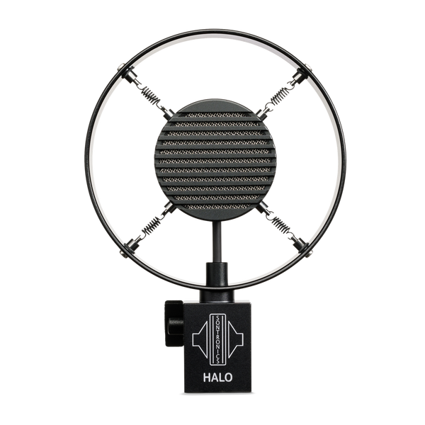 An image of a white background of a Sontronics Halo microphone with a centre grille connected via four springs to a larger outer black ring, all sitting above a rectangular black microphone body showing the Halo name and the Sontronics logo