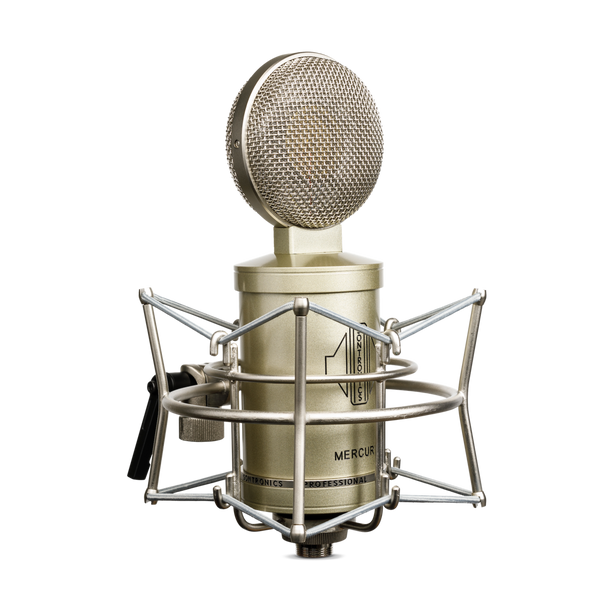 An image on a white background of a silver-champagne coloured Sontronics Mercury microphone facing to the right