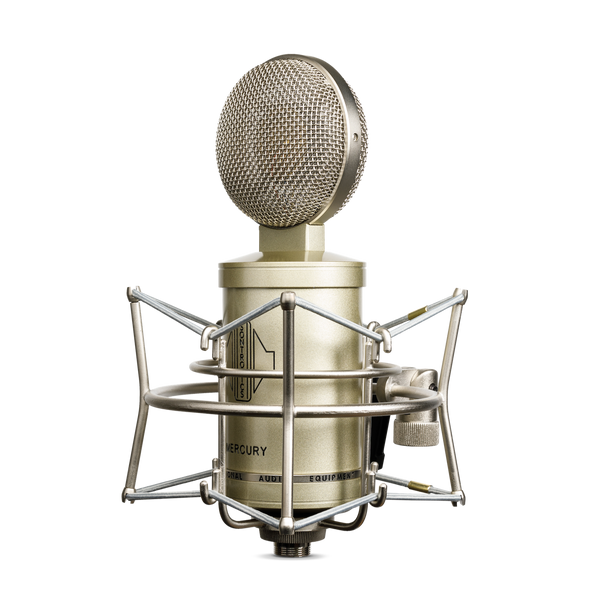 An image on a white background of a silver-champagne coloured Sontronics Mercury microphone facing to the left