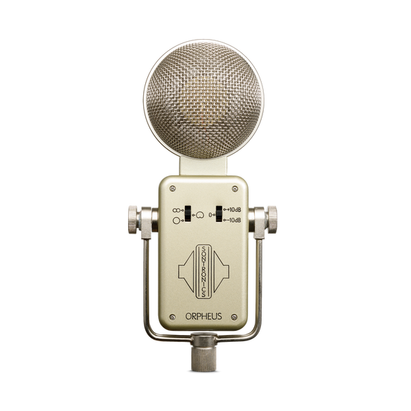 Image on white background of silver-champagne coloured Sontronics Orpheus microphone facing forwards, with the rectangular body sitting in a U-shaped bracket. On the body is the Orpheus name engraved and coloured black at the bottom, above which is the Sontronics logo and the pattern selector switch above left and the pad/boost switch above right. On top of the body is the spherical large grille through which the circular gold capsule is just visible.