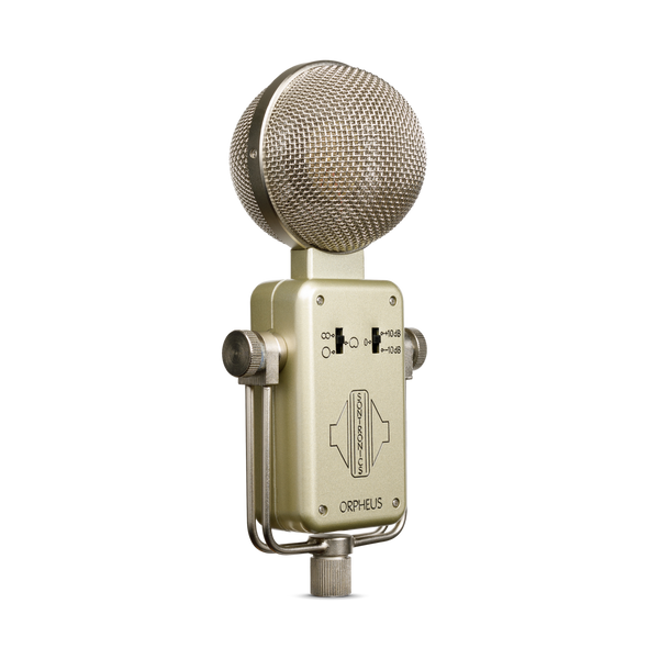 Image on white background of silver-champagne coloured Sontronics Orpheus microphone facing slightly to the right, with the rectangular body sitting in a U-shaped bracket. On the body is the Orpheus name engraved and coloured black at the bottom, above which is the Sontronics logo and the pattern selector switch above left and the pad/boost switch above right. On top of the body is the spherical large grille through which the circular gold capsule is just visible.