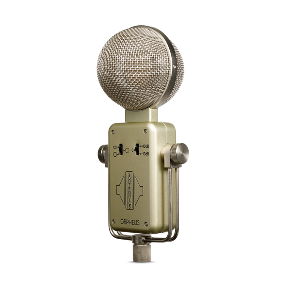 Image on white background of silver-champagne coloured Sontronics Orpheus microphone facing slightly to the left, with the rectangular body sitting in a U-shaped bracket. On the body is the Orpheus name engraved and coloured black at the bottom, above which is the Sontronics logo and the pattern selector switch above left and the pad/boost switch above right. On top of the body is the spherical large grille through which the circular gold capsule is just visible.