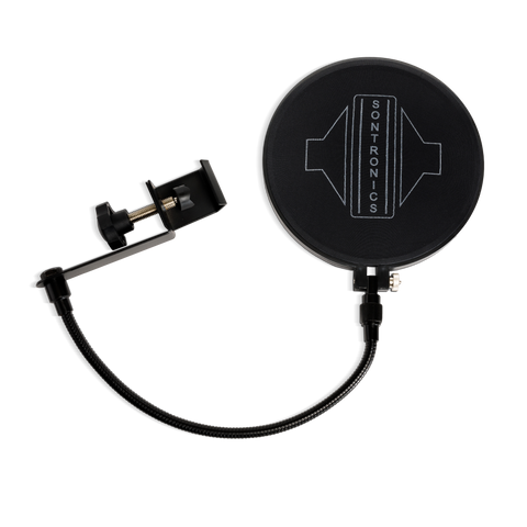 Image on white background of a Sontronics ST-POP popshield showing the black circular nylon-mesh pop filter head mounted in a black circular frame connected to a flexible gooseneck that ends in a metal clamp to go on to a microphone stand