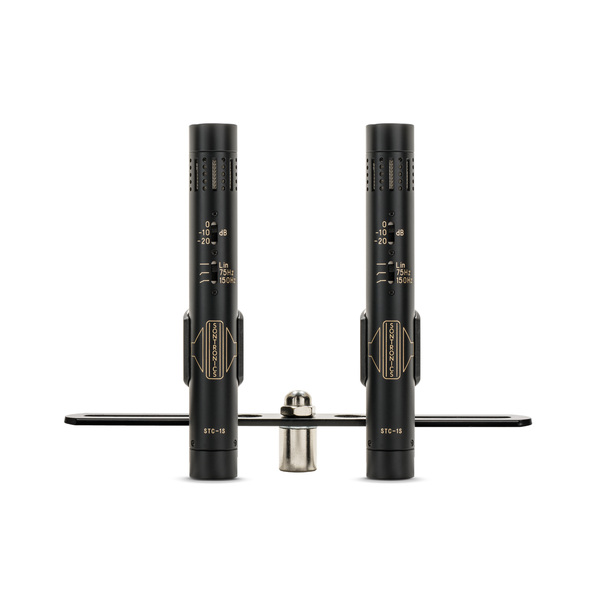 Image on white background of two black Sontronics STC-1S pencil style microphones in their clips on a black mounting bar with silver central nut. The microphones are black with gold lettering and with pad and filter switches above the gold logo