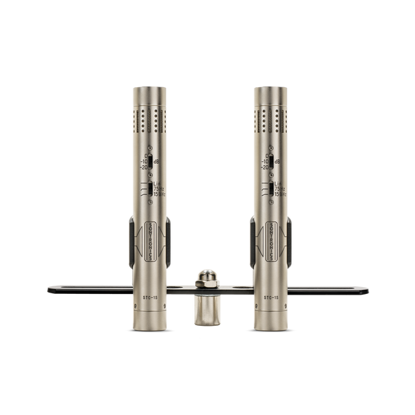 Image on white background of two silver Sontronics STC-1S pencil style microphones in their clips on a black mounting bar with silver central nut. The microphones are silver with black lettering and with pad and filter switches above the black logo