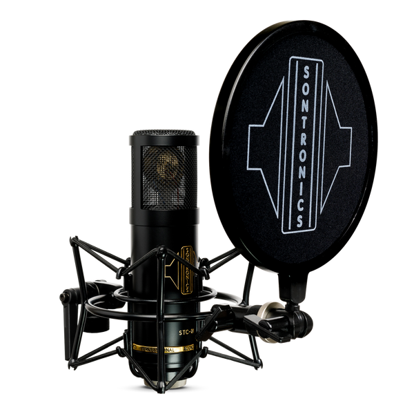 Image on white background of a large cylindrical Sontronics black STC-20 microphone sitting in its spider shockmount facing to the right with the black circular nylon-mesh popshield in front of it showing the large white Sontronics logo 