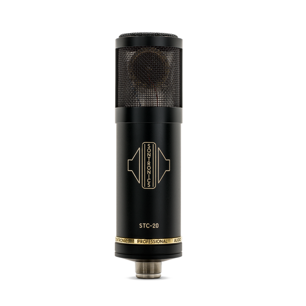 Image on white background of black Sontronics STC-20 microphone, large cylindrical in shape with gold logo and gold STC-20 lettering and a gold ring around the base with black letters that read "Sontronics Professional Audio". At the top of the microphone is a mesh grille through which the circular capsule is visible inside